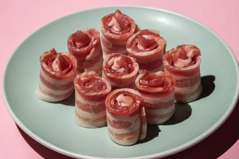Bacon on a pink background. Raw bacon on a plate.  Stock Photos