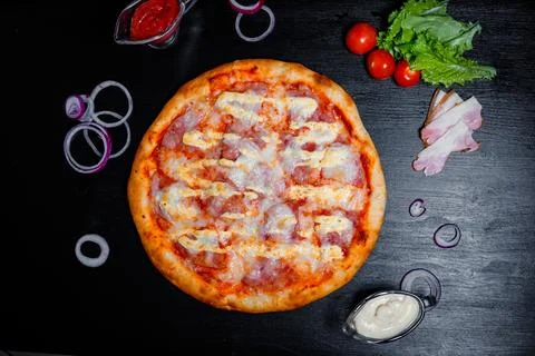 Bacon pizza, juicy and delicious.Top view 스톡 사진