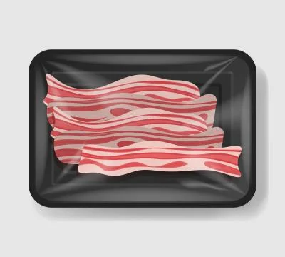 Bacon in plastic tray container with cellophane cover. Mockup template for your Stock Illustration