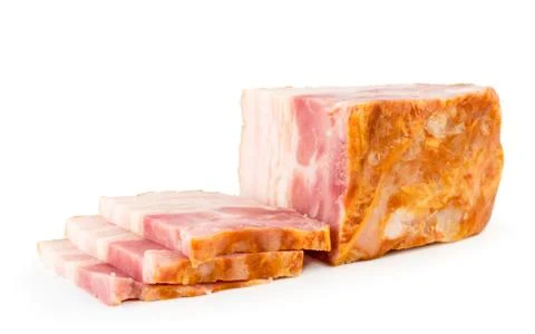 Bacon sliced close-up on a white background. Stock Photos