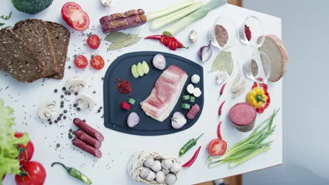 Bacon surrounded by vegetables on cutting board on table Stock Footage 233005233