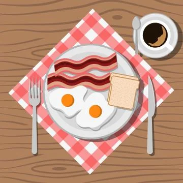 Bacon, tea and fried eggs on the plate. Vector. Stock Illustration