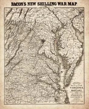 Bacons New Shilling War Map Virginia And Maryland 1864 Map Stock Illustration