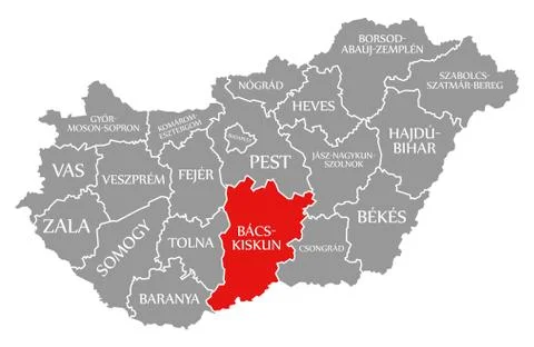 Bacs-Kiskun red highlighted in map of Hungary Illustrazione stock
