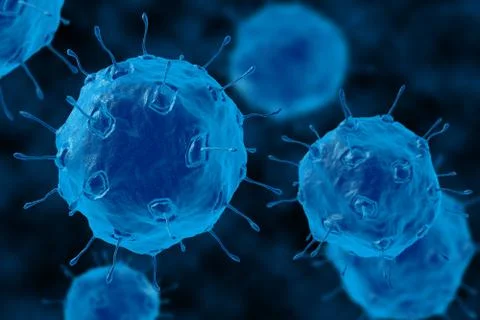 Bacteria 3D illustration. Molecules of the virus under a microscope. Blue bac Stock Illustration