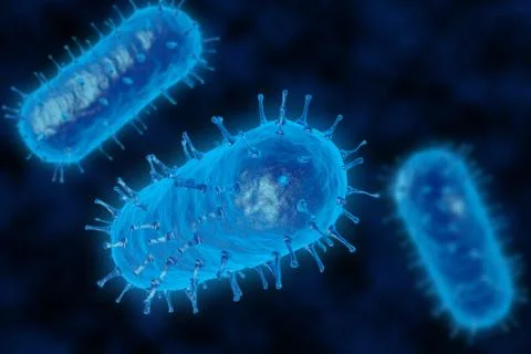 Bacteria 3D render. Spherical virus blue style. View under a microscope for.. Illustrazione stock