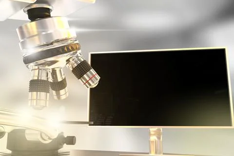 Bacteria analyzing concept, microscope and monitor with flare Stock Illustration