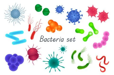 Bacteria and germs 3d realistic set. Bundle of different types of microscopic Stock Illustration