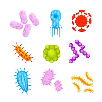 Bacteria and germs set. Types and microorganism. Germs and bacillus. Illustrazione stock