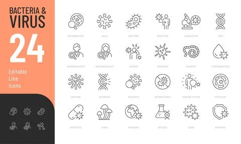 Bacteria and Virus Line Editable Icons set. Illustrazione stock