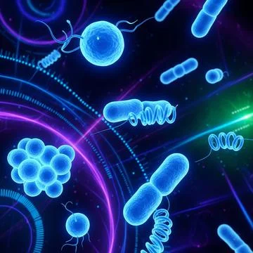 Bacteria Blue Microscopic view of bacteria glowing neon blue, futuristic Stock Illustration