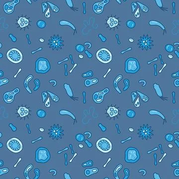 Bacteria Blue Seamless Pattern - Biology and Science concept vector backgroun 库存插图