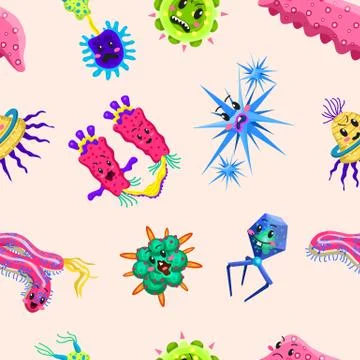 Bacteria characters Seamless pattern. Cartoon Cute germ virus funny infection 库存插图