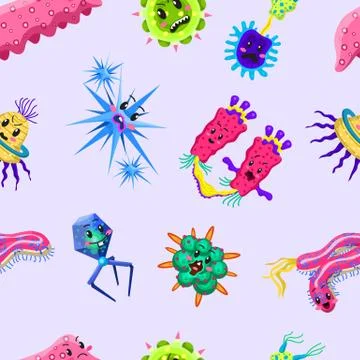 Bacteria characters Seamless pattern. Cartoon Cute germ virus funny infection 库存插图