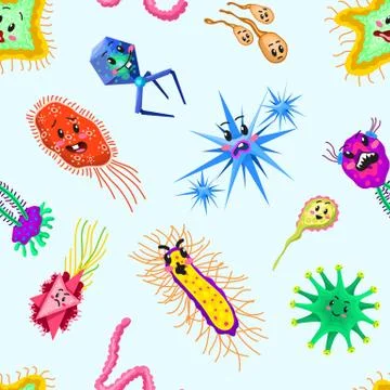Bacteria characters Seamless pattern. Cartoon Cute germ virus funny infection 库存插图