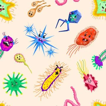 Bacteria characters Seamless pattern. Cartoon Cute germ virus funny infection 库存插图