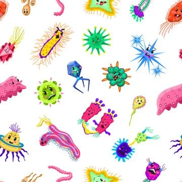 Bacteria characters Seamless pattern. Cartoon Cute germ virus funny infection 库存插图