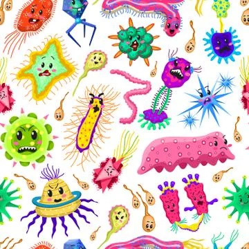 Bacteria characters Seamless pattern. Cartoon Cute germ virus funny infection 库存插图