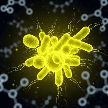 Bacteria Cluster Microscopic bacteria cluster glowing neon yellow 8K abstract sc Stock Illustration
