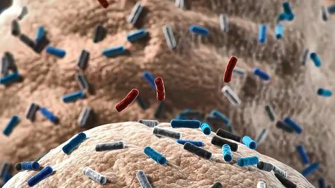 Bacteria of different shapes, rod-shaped bacteria and cocci, human microbiome Illustrazione stock