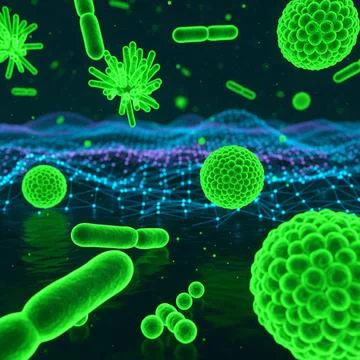 Bacteria Green Microscopic view of bacteria glowing neon green, futurist Stock Illustration