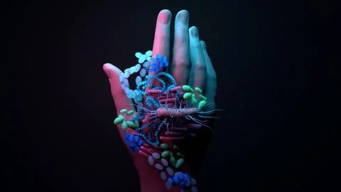 Bacteria on the hands, infections spread by hands, Stock Illustration