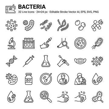 Bacteria icons set with microscope, DNA, syringe, test tubes, petri dish, m.. Ilustración de archivo