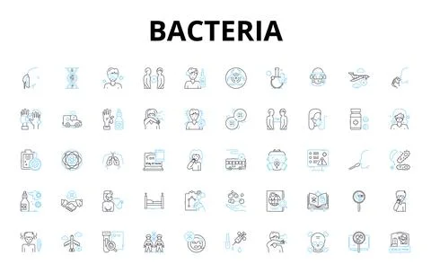 Bacteria linear icons set. Microbes, Pathogens, Germs, Prokaryotes, Virulence Illustrazione stock