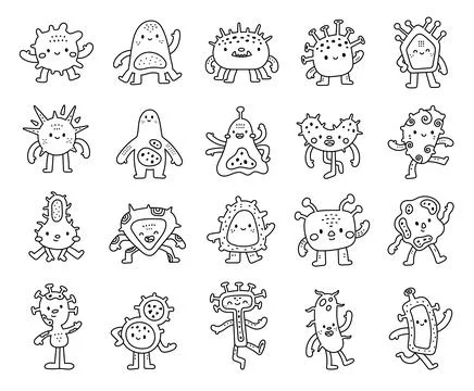 Bacteria microbe character set in outline line art Stock Illustration