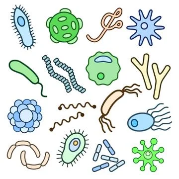 Bacteria, microbe, virus outline vector icon set. Microscopic bacterium or ba Illustrazione stock