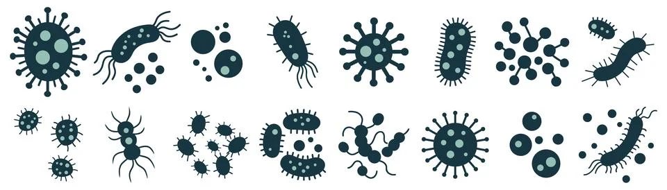 Bacteria, microbe, virus outline vector icon set. Microscopic bacterium and b Stock Illustration