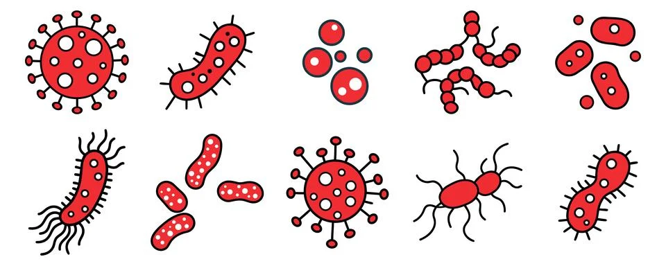 Bacteria, microbe, virus outline vector icon set. Microscopic bacterium and b Stock Illustration