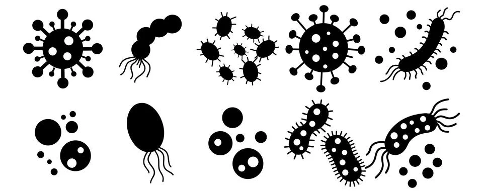 Bacteria, microbe, virus outline vector icon set. Microscopic bacterium and.. Stock Illustration