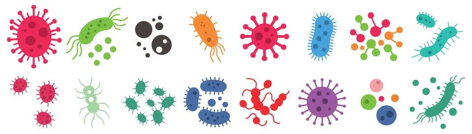Bacteria, microbe, virus outline vector icon set. Microscopic bacterium and.. Stock Illustration