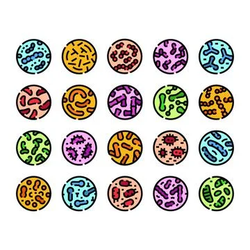 Bacteria microbes cells germs virus icon set Stock Illustration