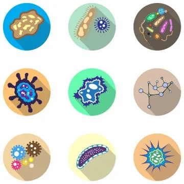 Bacteria, microorganism and virus cells icons set. Vector Illustration in flat Stock Illustration