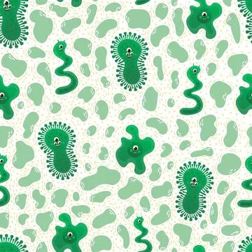 Bacteria seamless childish pattern, funny virus on white background Stock Illustration
