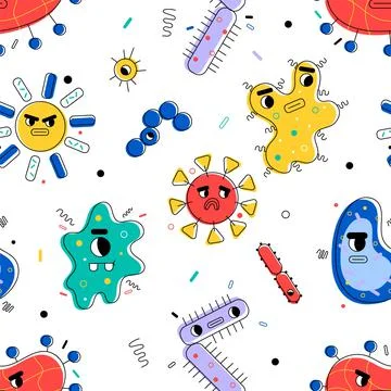 Bacteria seamless pattern. Funny microscopic viruses and germs characters Stock Illustration