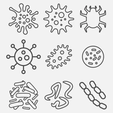 Bacteria, superbug, virus icons set isolated on white background. Vector illu Illustrazione stock