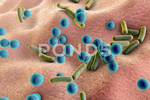 Bacteria on surface of skin, mucous membrane or intestine Illustration ...