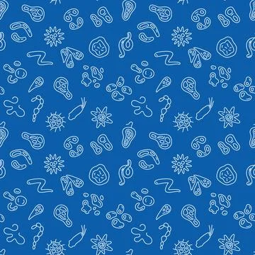 Bacteria thin line Seamless Pattern - Biology concept vector blue linear ba.. 스톡 일러스트