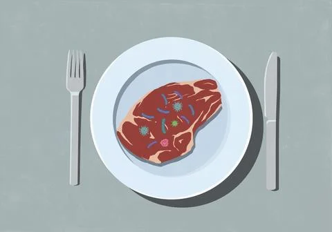 Bacteria on top of raw steak meat on dinner plate Stock Illustration