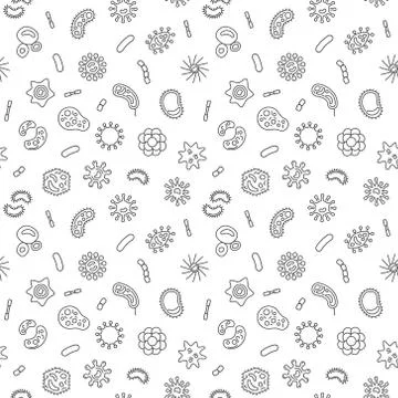 Bacteria vector simple seamless pattern in thin line style Stock Illustration