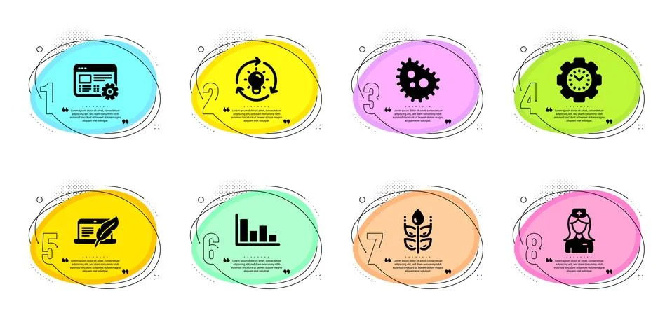 Bacteria, Web settings and Time management icons set. Gluten free, Copyright Stock Illustration