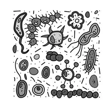 Bacterias cell. Microorganism collection. Vector doodle style objects isolate Stock Illustration