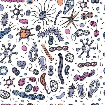 Bacterias cells seamless pattern. Microorganism collection. Vector doodle sty Stock Illustration