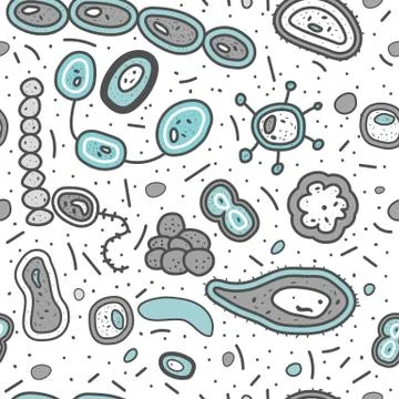 Bacterias cells seamless pattern. Microorganism collection. Vector doodle sty Stock Illustration