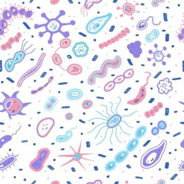 Bacterias cells seamless pattern. Microorganism collection. Vector doodle sty Stock Illustration