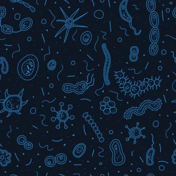 Bacterias cells seamless pattern. Microorganism collection. Vector dark doodl Stock Illustration