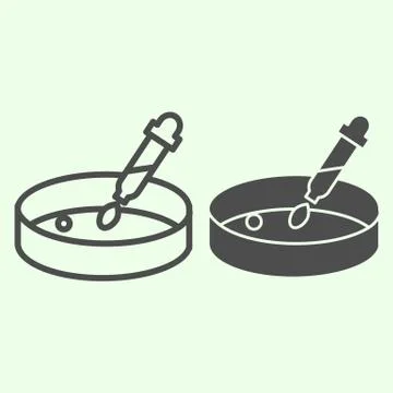 Bacteriological experiment line and solid icon. Petri dish with pipette outline Stock Illustration